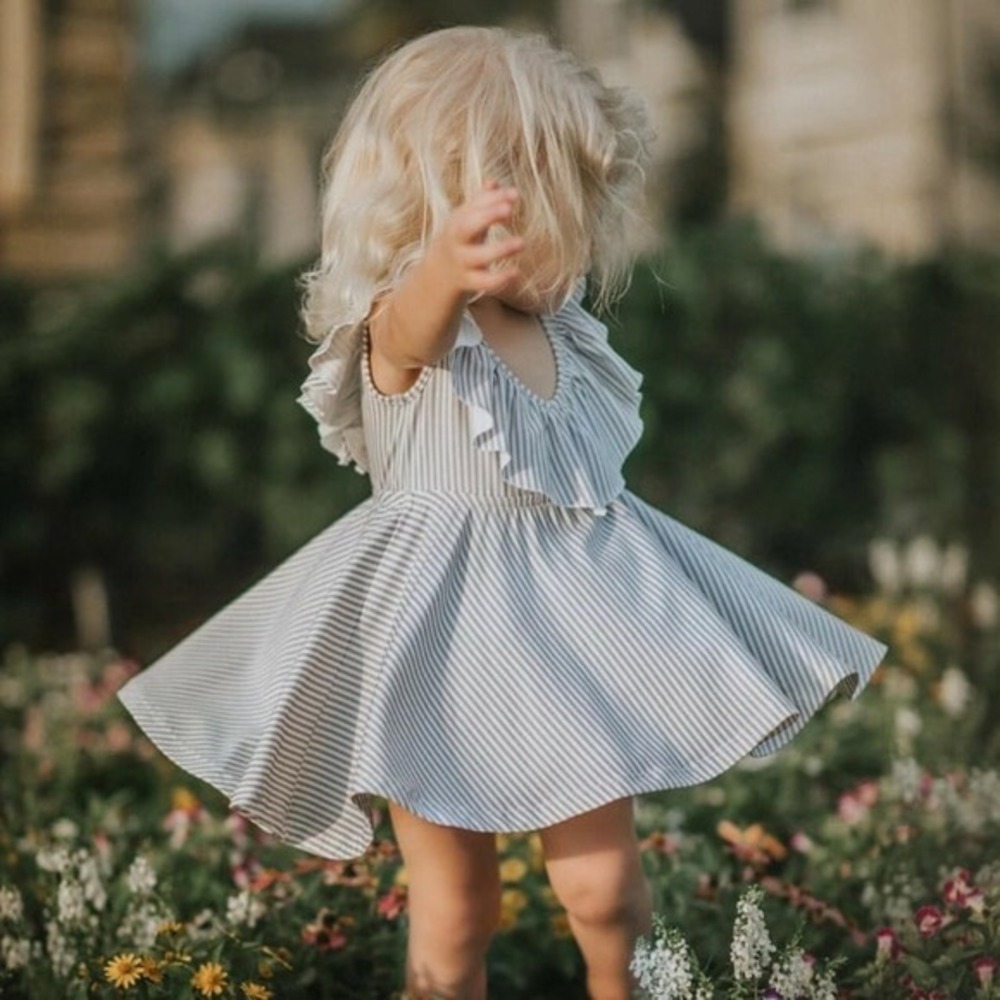 Omi Jo Ruffled Soft V-neck Empire Twirl Dress White/Gray Stripe 3 Years - Picture 5 of 5